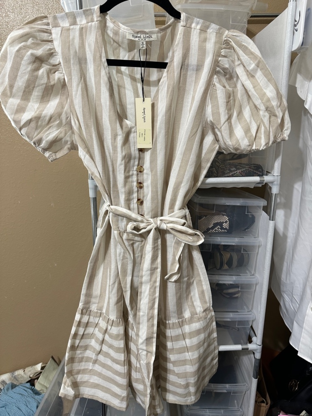 Seed Heritage Beige & White Striped Puff-Sleeve Mini Dress